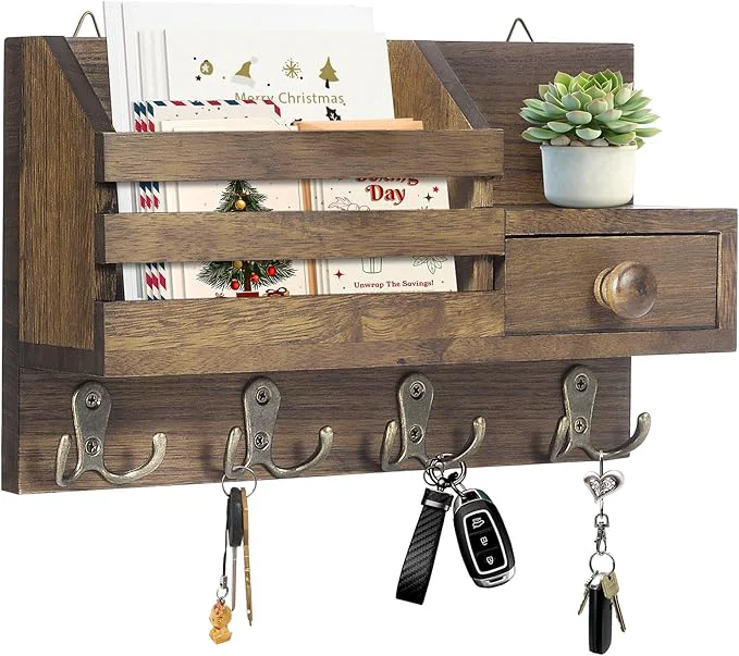 Trusted Key Holder Wall Mount Wooden Adhesive Mail and Key Organizer with Drawer Small Shelf 8 Hooks 2 Installation Methods BrownAbout ThisOverview First-Class