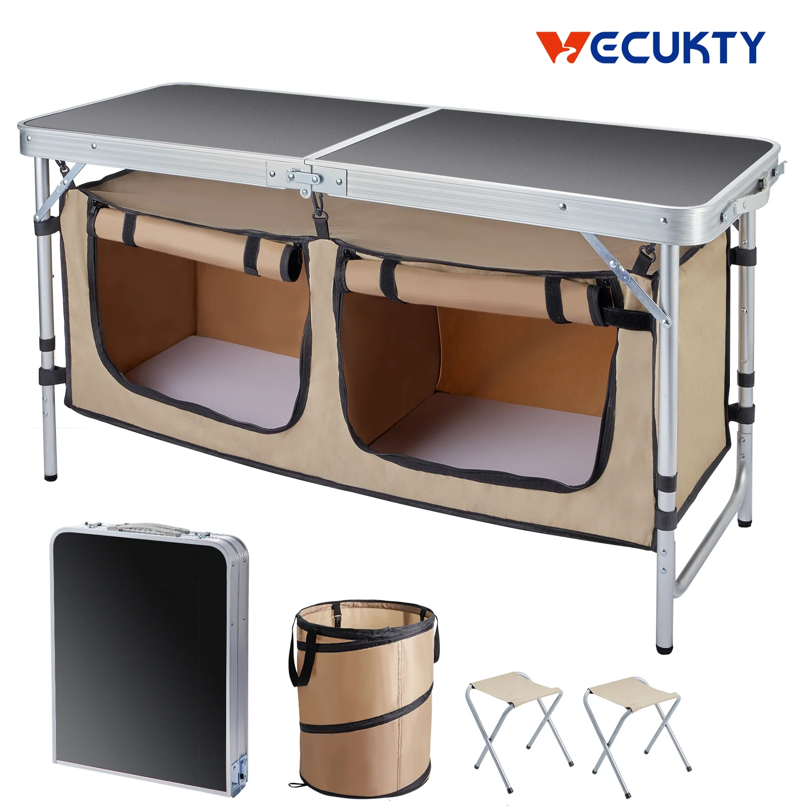 Powerful Vecukty Portable Camping Table Set – Aluminum Kitchen Station w Storage Adjustable Feet Trash Can brown Trusted
