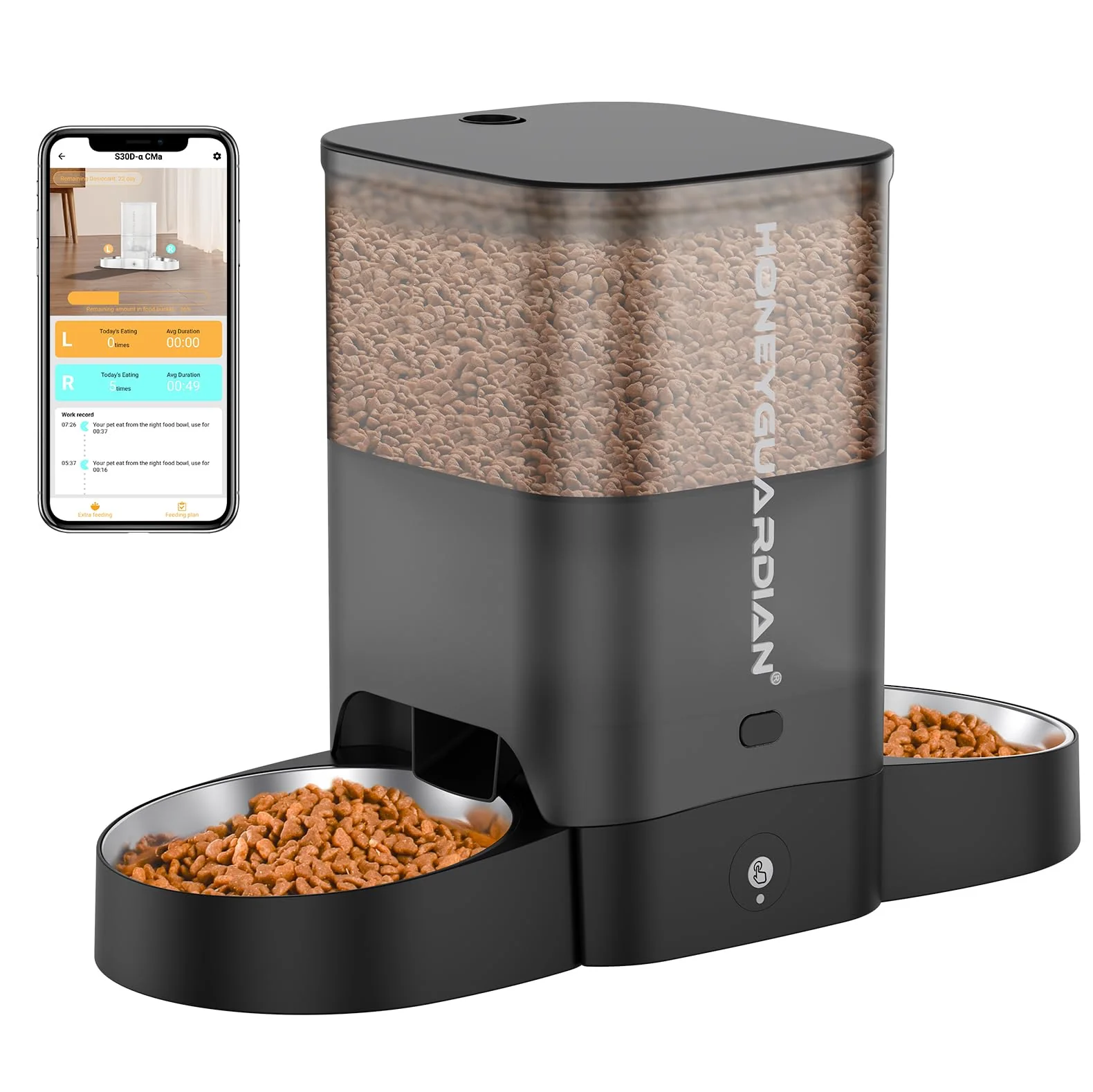 Flexible HoneyGuaridan Automatic Cat Feeder for Two Cats — 5G WiFi Dual Power Stainless Steel Bowl Safe