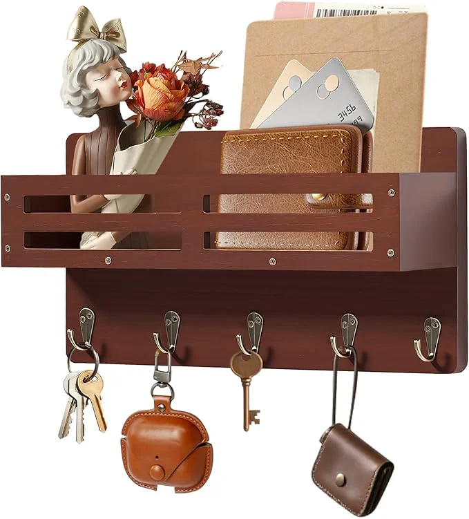 Carefully Designed Key Holder Wall Mount Farmhouse Key Hooks for Wall with Mail Organizer Decorative Key Rack with 5 Sturdy Hooks for Dog Leash Sunglasses Rustic Paulownia Key Hanger for EntrywayAbout ThisOverview Casual