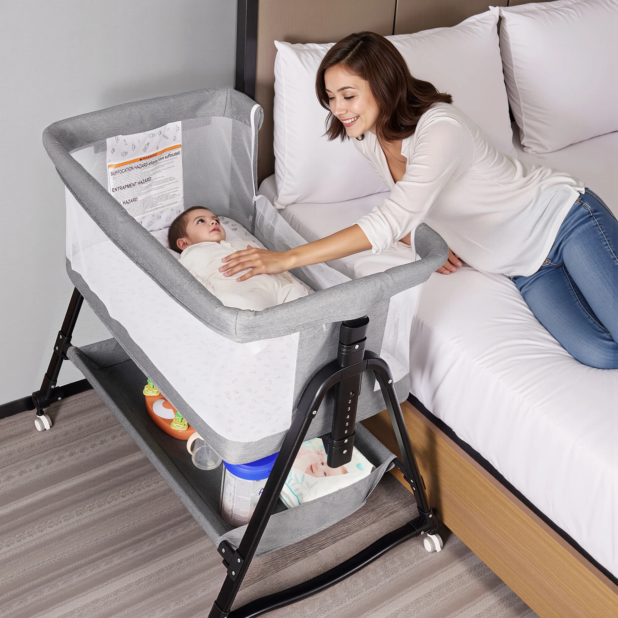 Durable SACVON Bedside Bassinet Sleeper with Storage Basket Wheels Portable Crib for Baby Gray Brand SACVON Reusable