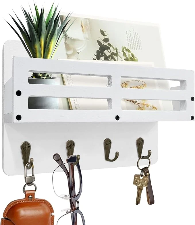 Sophisticated Key Holder Wall Mount Farmhouse Key Hooks for Wall with Mail Organizer Decorative Key Rack with 4 Sturdy Hooks for Dog Leash Sunglasses Rustic Paulownia Key Hanger for EntrywayAbout ThisOverview Fashionable