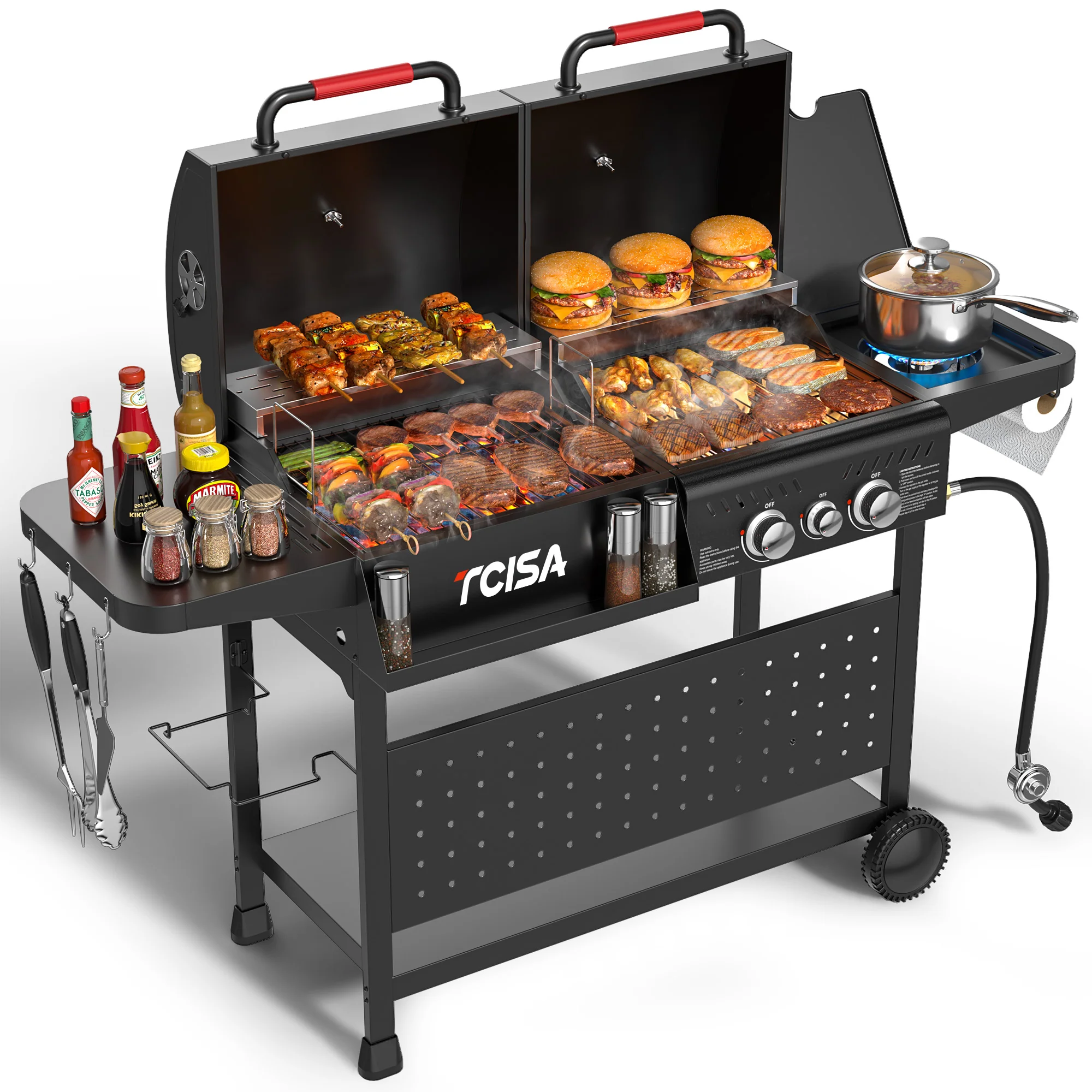 Genuine Gas Charcoal Grill Combo with 30 000 BTU Dual Fuel BBQ Grill with Lids 748 SQ.IN Cooking Space Non-Stick Porcelain Enamel Grates for Backyard BBQ Outdoor Cooking Safe