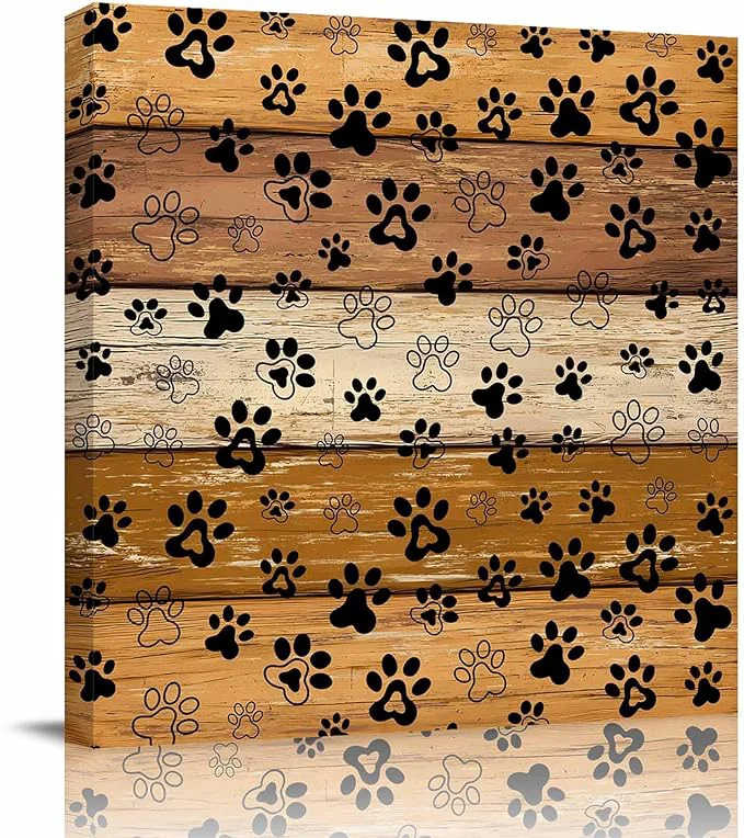 Fast Framed Canvas Wall Art for Living Room Dog Paw Print Wall Decor Retro Brown Yellow Wood Grain Aesthetic Paintings for Bedroom Office Kitchen Bathroom Ready to Hang Artwork Wall Pictures 12×12 InchAbout This Traditional