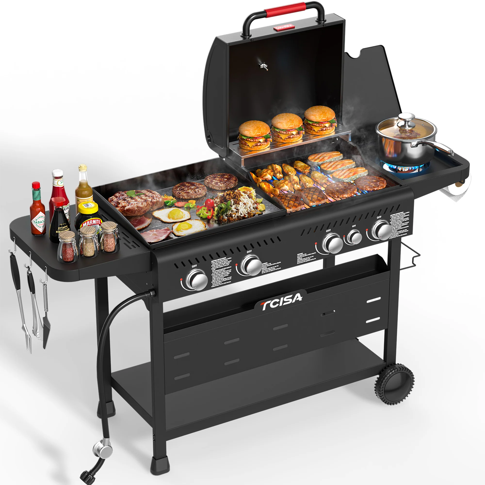 Modern 50 000 BTU Grill and Griddle Combo 702 SQ.IN Cooking Space Non-Stick Porcelain Enamel Grates for Backyard BBQ Outdoor Cooking Organic