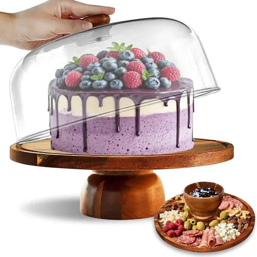 Practical Wood-Cake-Stand With Acrylic Dome Lid Round Wooden Cake Holder Plate With Cover 2-in- 1 Dessert Table Display Set For Party Charcuterie Board For Cheese Chips Dips Nachos Fruit Platter Pure
