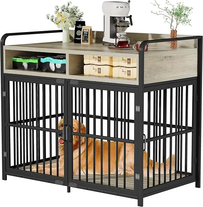 Dependable Large Dog Crate Furniture with Drawers Storage Puppy Dog Kennel Indoor with Double Doors Heavy Duty Wooden Dog Cage Table Sturdy Metal GrayAbout ThisOverview Soft
