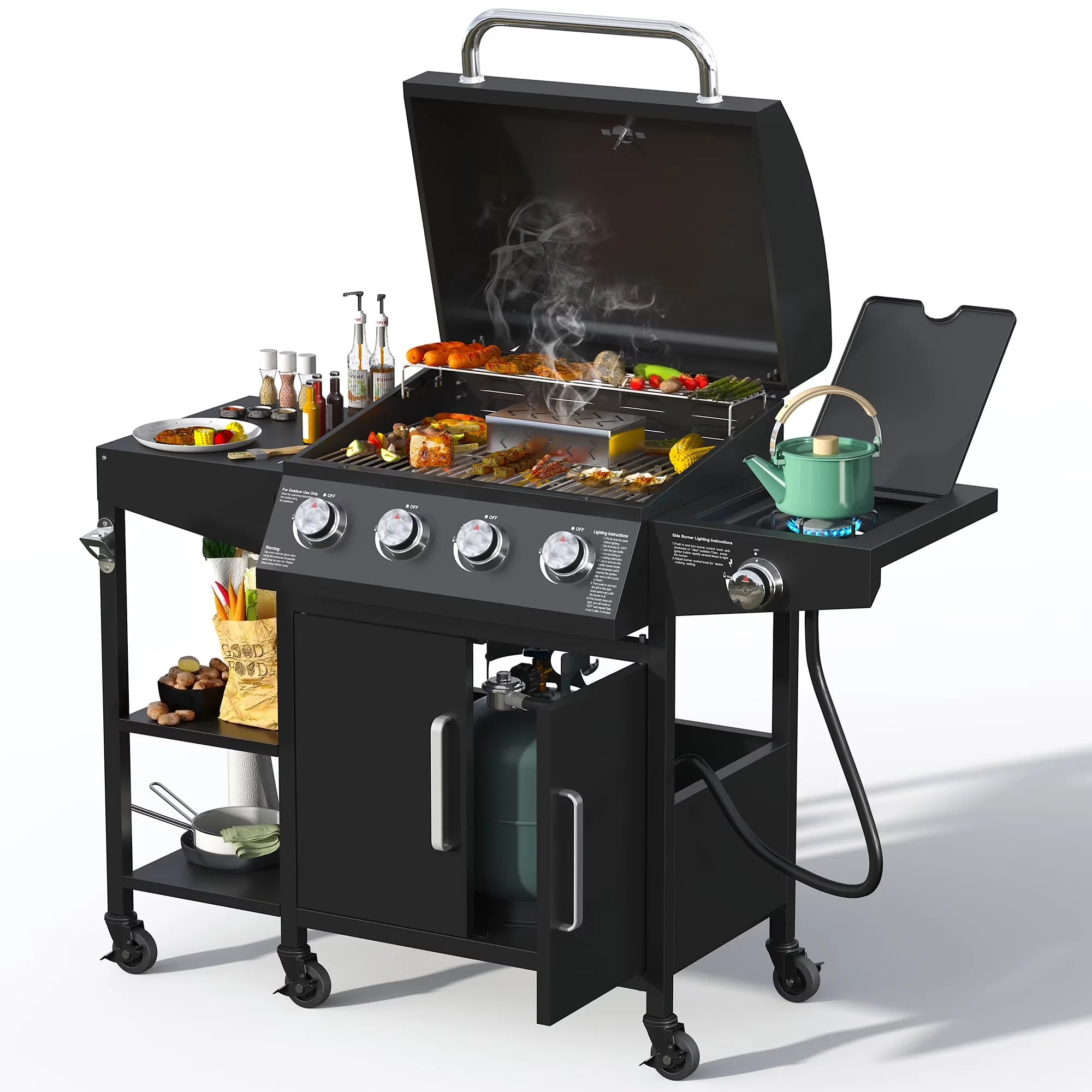 Organic 4 Burner Propane Gas Grill with 3 Tier Shelf 50000 BTU Outdoor Cooking Stainless Steel BBQ Grills Cabinet Can be Placed Smoke Box，Black Effective