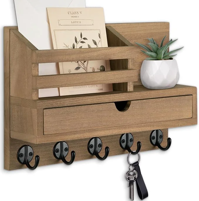 Expertly Made Key Holder Wall Mount Mail Holder with Storage Drawer and 5 Key Hooks for Coat Dog Leash Home Decor Rack House Accessories Entry Way Organizer Light Brown About ThisOverview Eco-Friendly