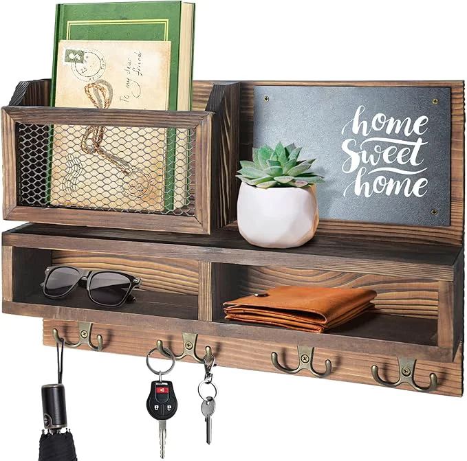 Easy-to-Use Key Holder for Wall Mail Organizer Wall Mount with Key Hooks and Wallet Holder Sunglasses Storage and Dog Leash Hanger Decorative with 4 Double Hooks and ChalkboardAbout ThisOverview Luxury