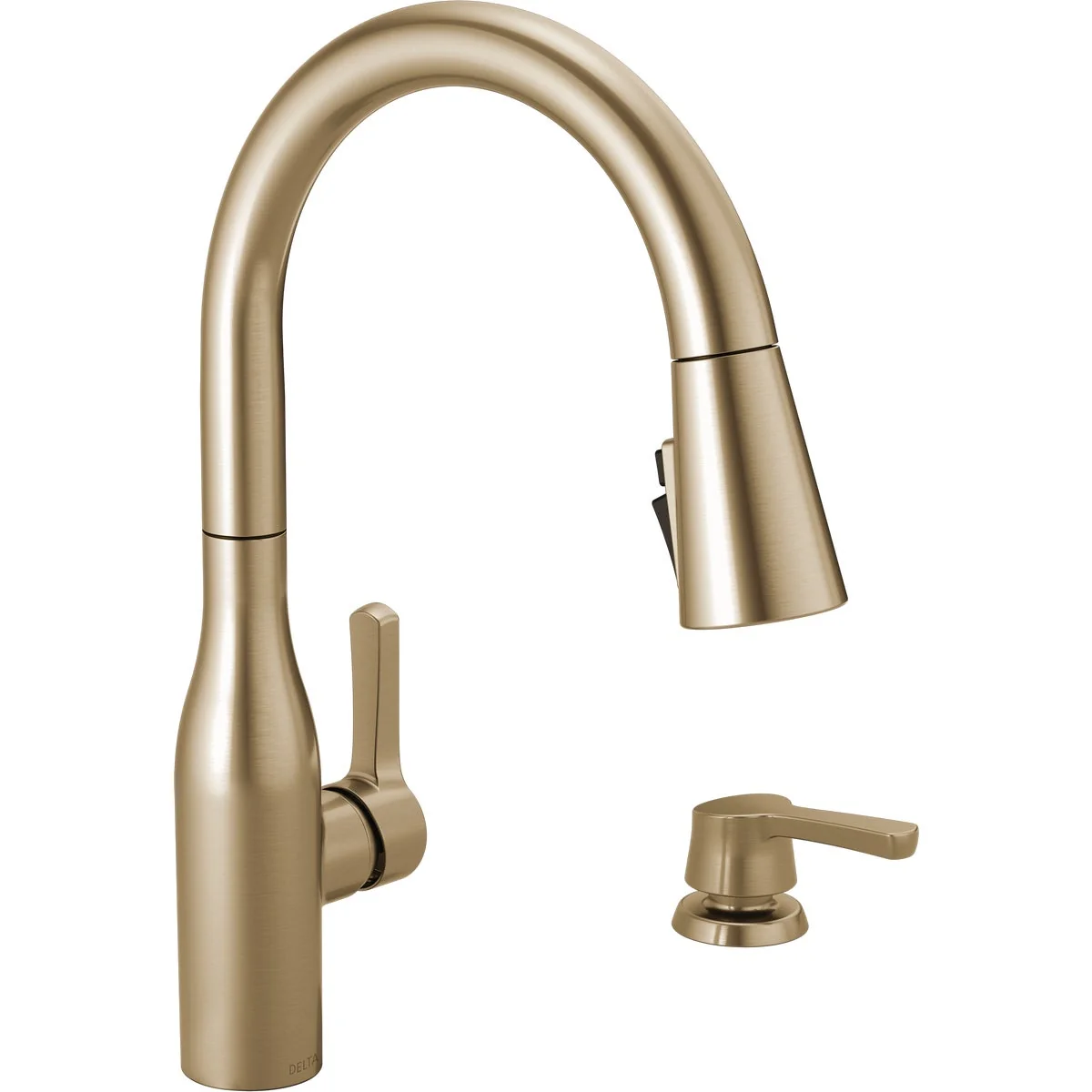 World-Class Delta Marca Single Handle Pull-Down Kitchen Faucet with Soap Dispenser Champagne Bronze Enhanced