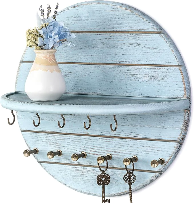 Verified Rebee Vision Pine Wood Decorative Key Holder Wall Mount for Farmhouse Decor – Key and Mail Holder for Wall with Shelf and 11 Hooks – Hanging Mail Organizer for Home Room Decor Aesthetic Blue About ThisOverview World-Class