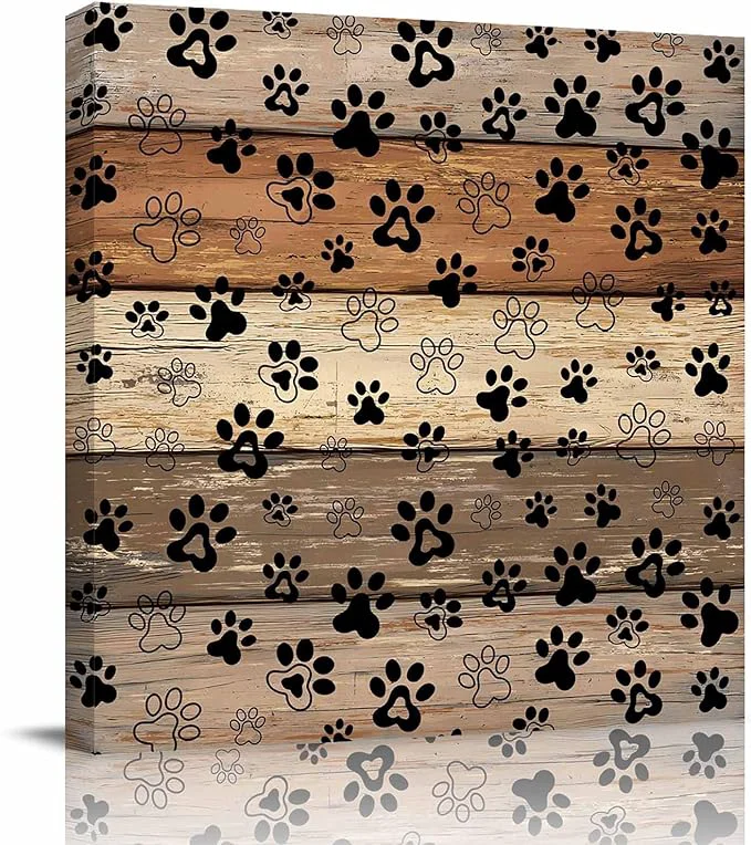 Luxury Framed Canvas Wall Art for Living Room Dog Paw Print Wall Decor Retro Brown Wood Grain Aesthetic Paintings for Bedroom Office Kitchen Bathroom Ready to Hang Artwork Wall Pictures 16×16 InchAbout This Environmentally Friendly
