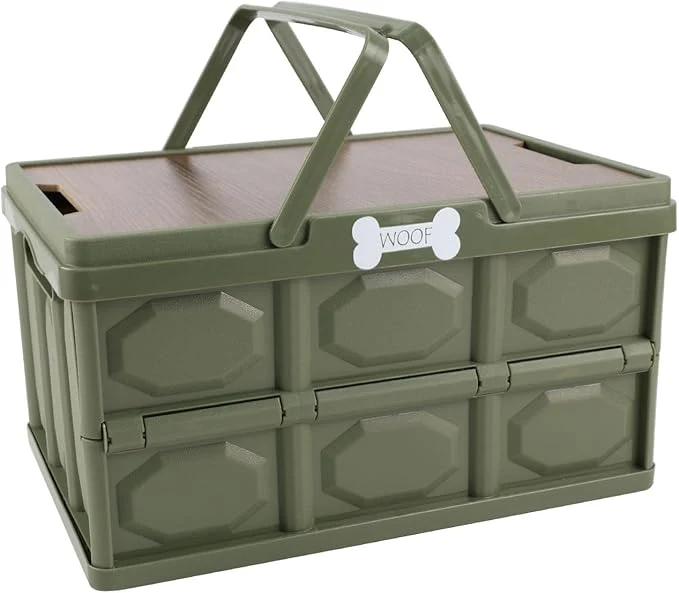 Refined Outdoor Dog Toy Bin wtih Handles Collapsible Dog Stuff Organizer Portable Pet Storage Basket with Wood Cover for Dog Toys Snack Camping Essentials I for Car Trunk RV Trip Picnic-GreenAbout ThisOverview Top-Quality