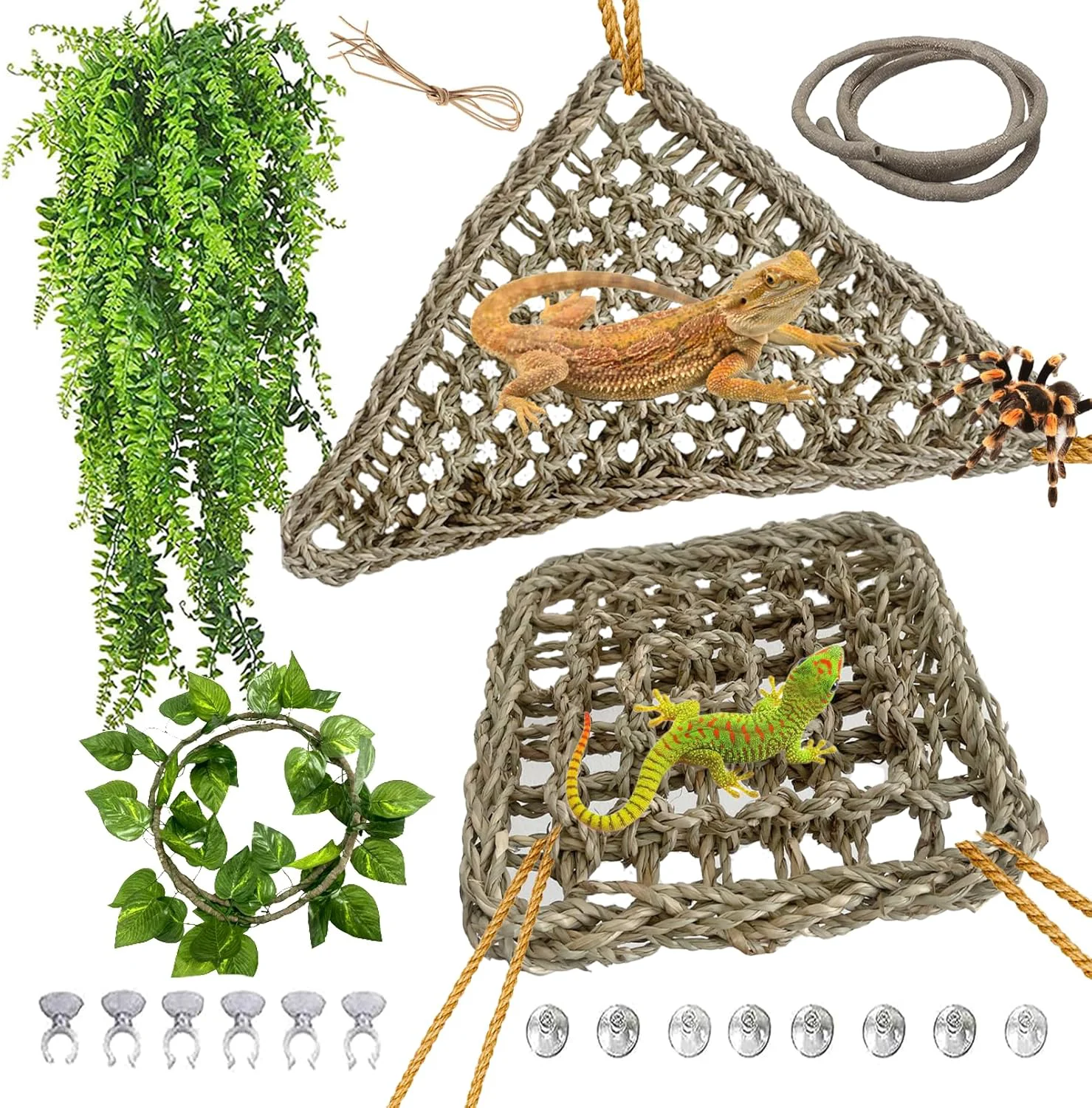 Stylish kathson Bearded Dragon Hammock Lizard Lounger Reptile Tank Hanging Plants Climbing Jungle Vines Flexible Leaves Decorations for Lizards Chameleon Gecko Snakes 5 PCS Recyclable
