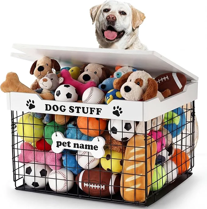 Soft Dog Toy Bin Basket with Lid 15.4” Large Metal Dog Toy Storage Box with Bone Handle Organizer Chew for Living Room Farmhouse Food Storage Organizer for Leash Chew Blankets Clothes White About ThisOverview Top-Quality