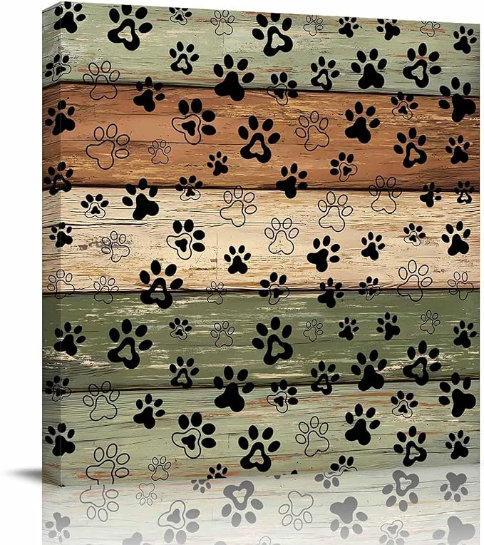 Specialty Framed Canvas Wall Art for Living Room Dog Paw Print Wall Decor Retro Brown Green Wood Grain Aesthetic Paintings for Bedroom Office Kitchen Bathroom Ready to Hang Artwork Wall Pictures 16×16 InchAbout This Quality