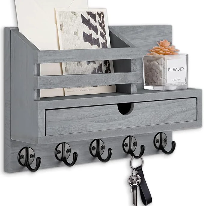 Outstanding Key Holder Wall Mount Mail Holder with Storage Drawer and 5 Key Hooks for Coat Dog Leash Home Decor Rack House Accessories Entry Way Organizer Gray About ThisOverview Fine Crafted