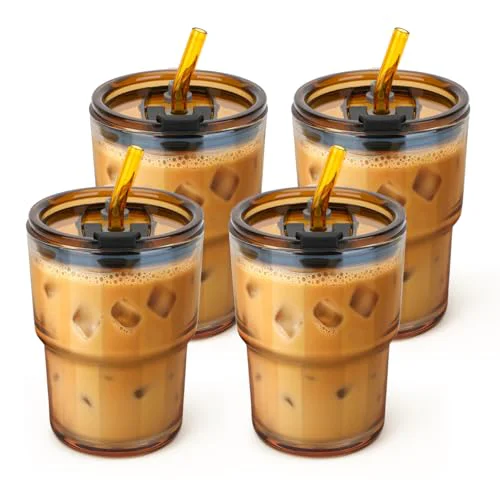 Smooth 13 oz Glass Tumbler with Glass Straw and Lid 4 Count Minimalist