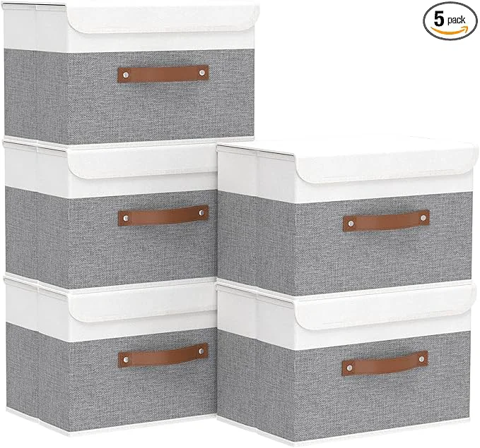 Organic Yawinhe Storage Boxes with Lids Linen Fabric Bin Cube Organizer Basket Washable and Leather Handle for Home Closet White Grey 15.0”Lx9.8”Wx9.8”H 5-Pack USNK024WGL-5About ThisOverview Fine Crafted