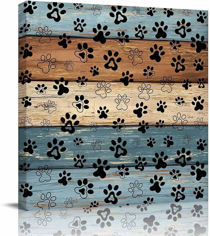Versatile Framed Canvas Wall Art for Living Room Dog Paw Print Wall Decor Retro Brown Mist Blue Wood Grain Aesthetic Paintings for Bedroom Office Kitchen Bathroom Ready to Hang Artwork Wall Pictures 8×8 InchAbout This Refined
