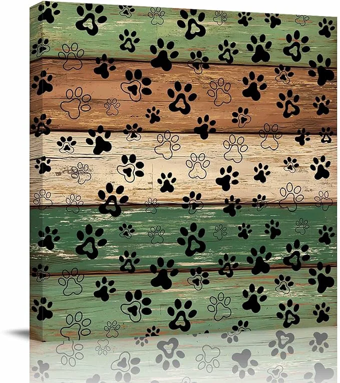 Soft Framed Canvas Wall Art for Living Room Dog Paw Print Wall Decor Retro Green Brown Wood Grain Aesthetic Paintings for Bedroom Office Kitchen Bathroom Ready to Hang Artwork Wall Pictures 12×12 InchAbout This Reliable