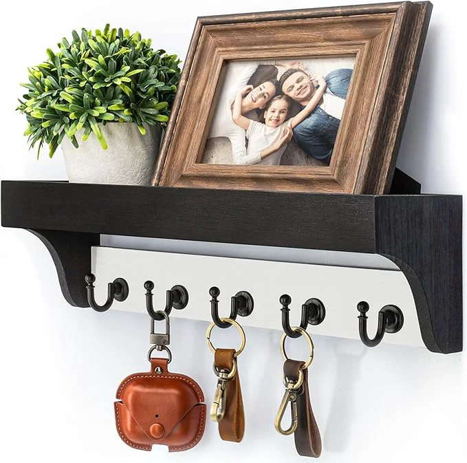 High-End Rebee Vision Key Holder Wall Mount with Shelf – Decorative 2-Color Key Rack with 5 Rustic Key Hooks and Primitive Wood Mail Organizer Wall Mount – Modern Farmhouse Entryway Decor Black White About ThisOverview Long-Lasting