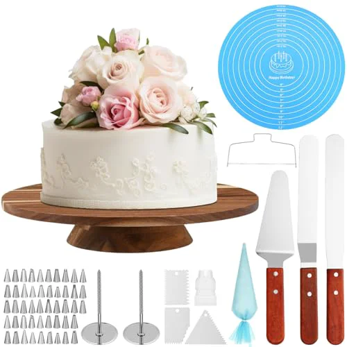 Flexible 61 Pcs Cake Decorating Kit with 12 Wooden Cake Stand Turntable Includes Piping Tips 61 Count Breathable