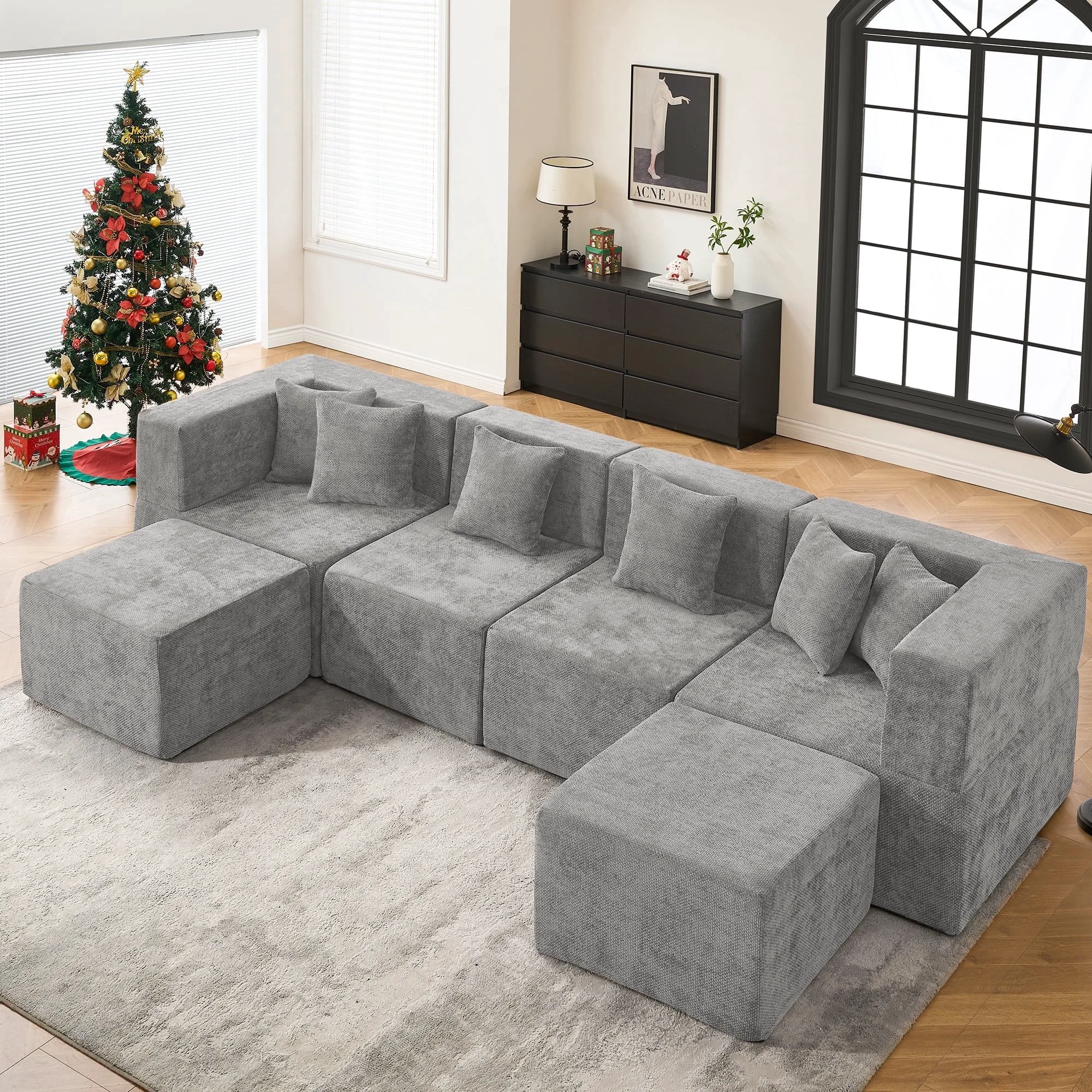 Consistent BEHOST 130 U-Shaped Modular Sectional Sofa 6-Piece Cloud Couch with 2 Movable Ottomans Extra Deep Seat Chenille Sleeper Sofa Flexible Oversized Modern Sofa Set for Living Room Light Gray Smooth