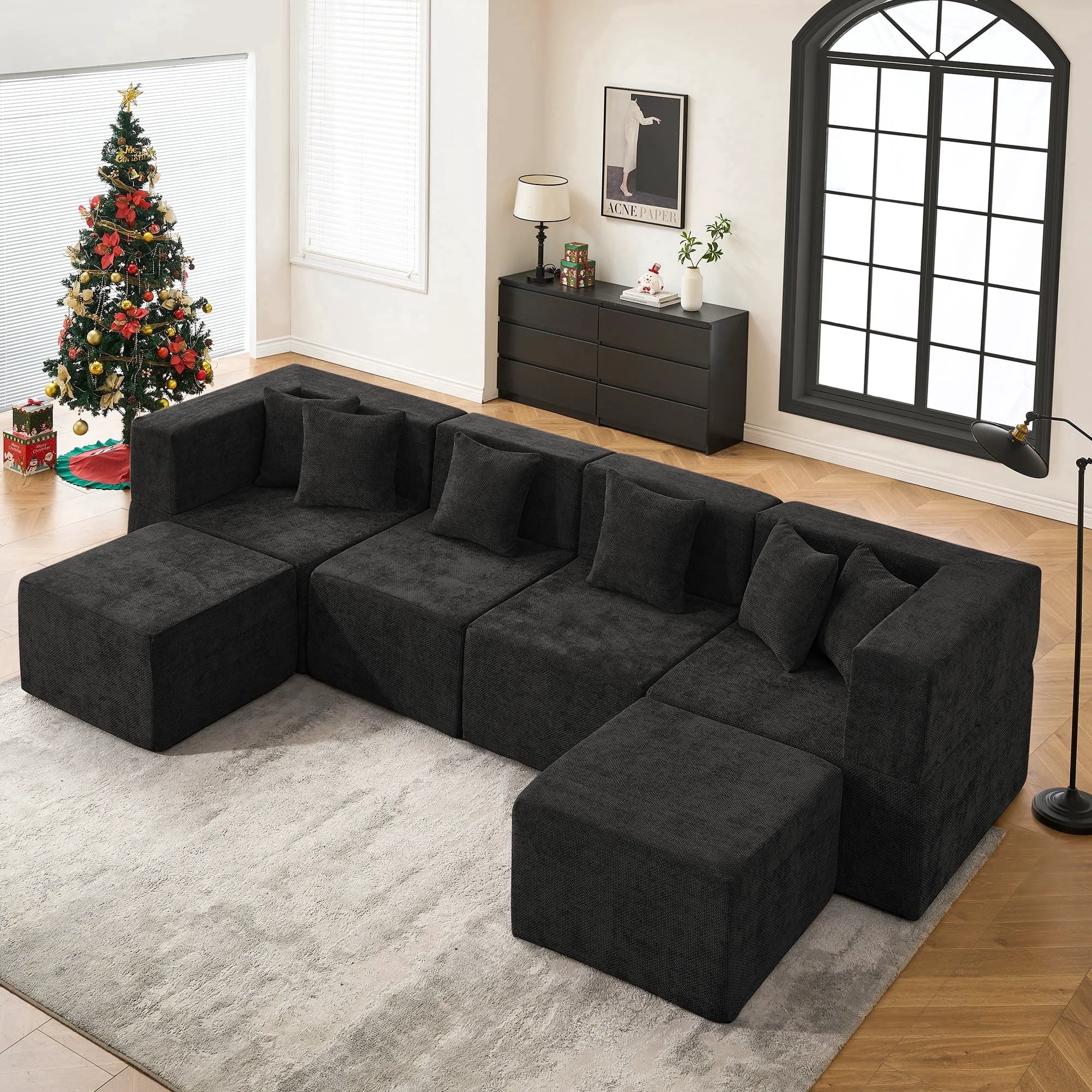 Prestigious BEHOST 130 U-Shaped Modular Sectional Sofa 6-Piece Cloud Couch with 2 Movable Ottomans Extra Deep Seat Chenille Sleeper Sofa Flexible Oversized Modern Sofa Set for Living Room Black Artisan