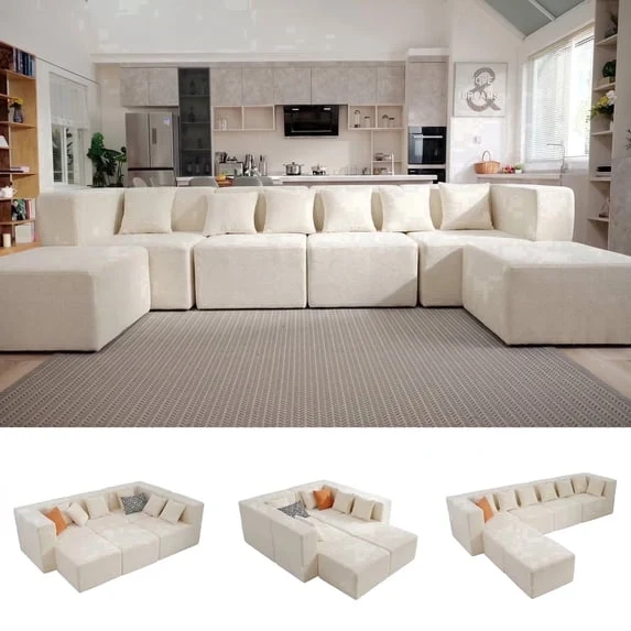 Elegant BEHOST 130 6-Piece Modular Sectional Sofa with 2 Movable Ottomans U-Shaped Cloud Couch for Living Room Modern Chenille Deep Seat Sofa Set Flexible Oversized Sleeper Couches Beige