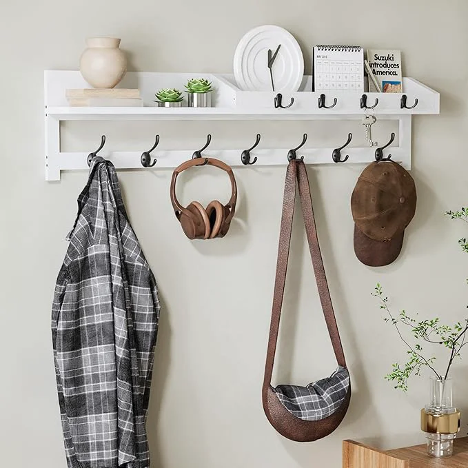 Carefully Designed AMBIRD 35 inch Coat Rack Wall Mount Extra Long Coat Hooks Wall Mount Entryway Shelf with 7 Dual Coat Hooks 4 Key Hooks Mail Organizer Wooden Wall Coat Rack with Hooks Key Holder Rack White Overview Convenient