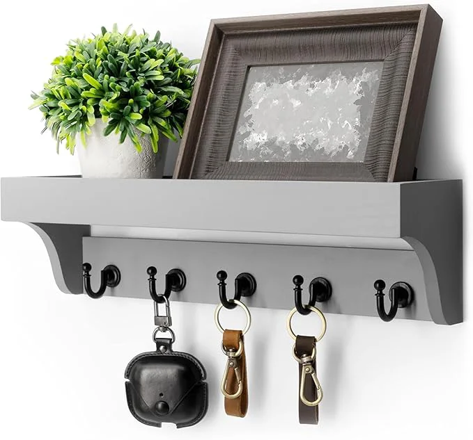 Clean Rebee Vision Decorative Key Holder for Wall – Modern Farmhouse Wall Mount Mail Organizer Keys Hanger with Floating Shelf 5 Rustic Key Hooks for Entryway Home Decor Gray About ThisOverview Solid