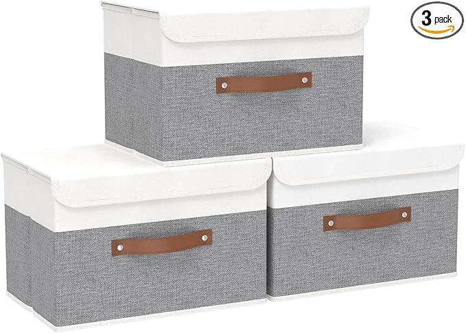 Soft Yawinhe Storage Bins with Lids Fabric Foldable Boxes Washable and Leather Handle Cube Organizer Basket for Home Closet White Grey 17.7”Lx11.8”Wx11.8”H 3-Pack USNK024WGX-3About ThisOverview Specialty