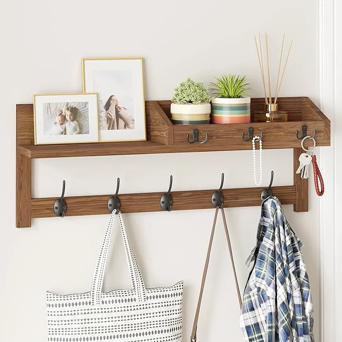 Innovative AMBIRD Wall Hooks with Shelf 26.57 Inch Entryway Wood Coat Hooks for Wall with Shelf Coat Rack Wall Mount with 5 Dual Hooks 3 Key Hooks Mail Organizer and Key Rack Holder Brown About ThisOverview Practical