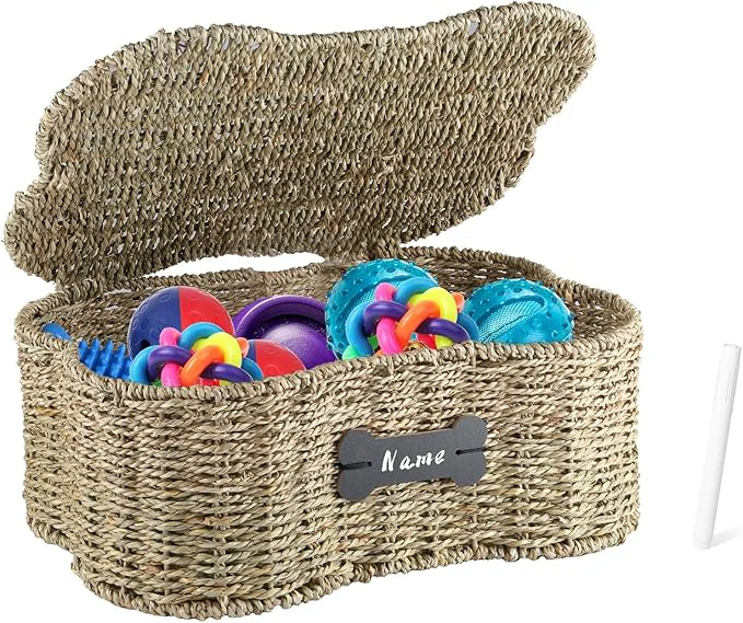 Pure Seagrass Wicker Baskets for Dog Toys Bone Shaped Dog Toy Bin with Lid Personalized Dog Toy Organizer Boxes for Living Room Farmhouse Handmade Pet Dog Storage Dog Stuff OrganizerAbout ThisOverview Elite