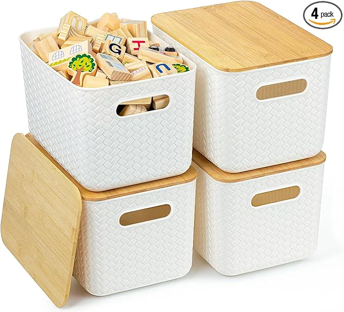 Prestigious 4 Packs Storage Bins with Bamboo Lids – Plastic Storage Containers with Lids Stackable Storage Box：Storages Baskets for Organizing Desktop Closet Playroom Classroom Office WhiteAbout ThisOverview High-Performance