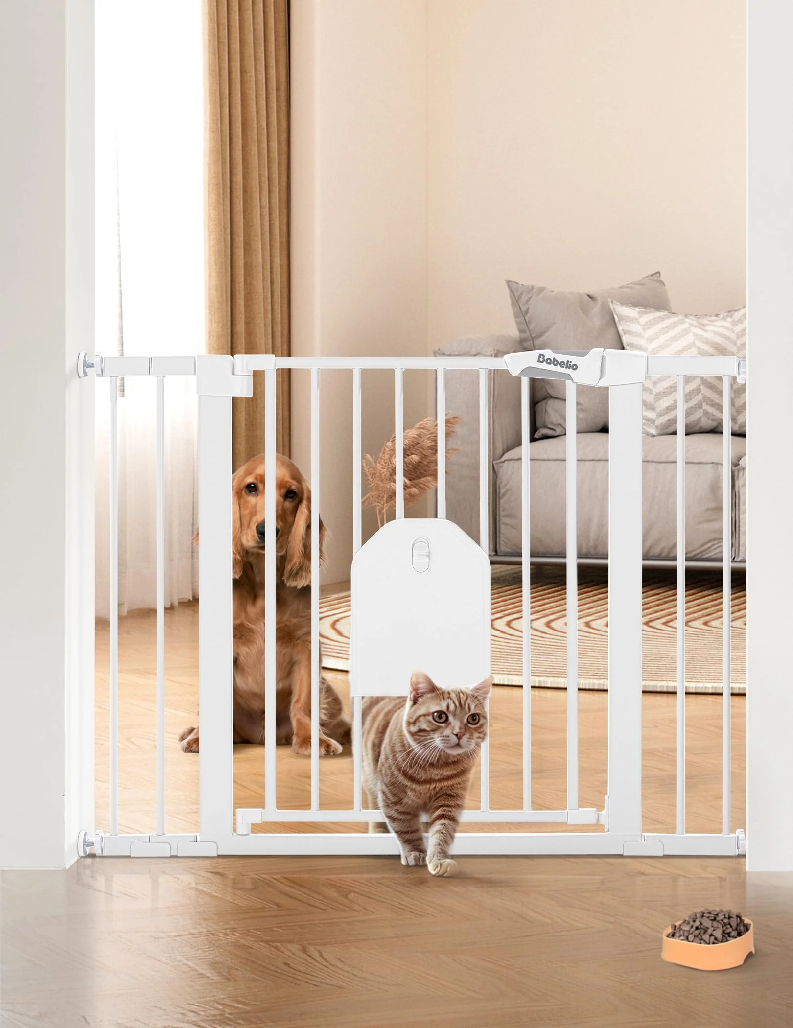 Smart BABELIO Auto Close Baby Gate with Cat Door – 29-43 inches Adjustable Metal Gate White Proven