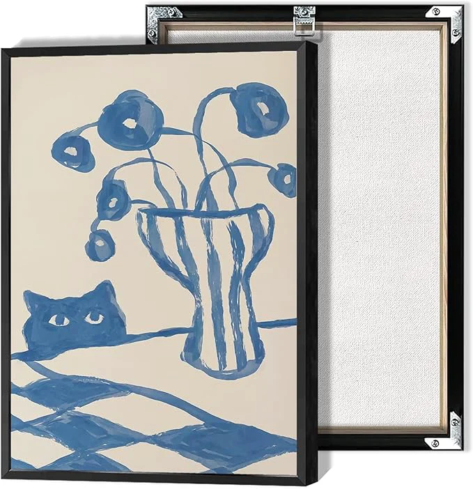 Functional Funny Sneaky Cat Poster Scandi Animal Sketch Canvas Wall Art Blue Modern Abstract Flower Vase Aesthetic Prints Painting For Living Room Kitchen Dining Room Wall Decor 8x12in FramedAbout This Innovative
