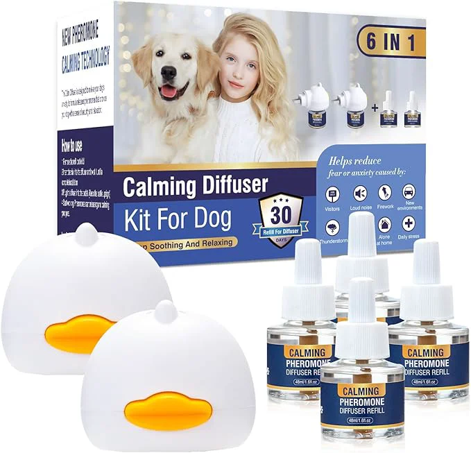 Environmentally Friendly Dog Calming Pheromones Diffuser 6 in 1 Kit Appeasing Pheromone Diffuser to Calm 2 Plug in 4 x48ml Refill for Anxiety Relief Reduce Aggression Fighting Barking Stress 120 Day SupplyAbout This Fine Crafted