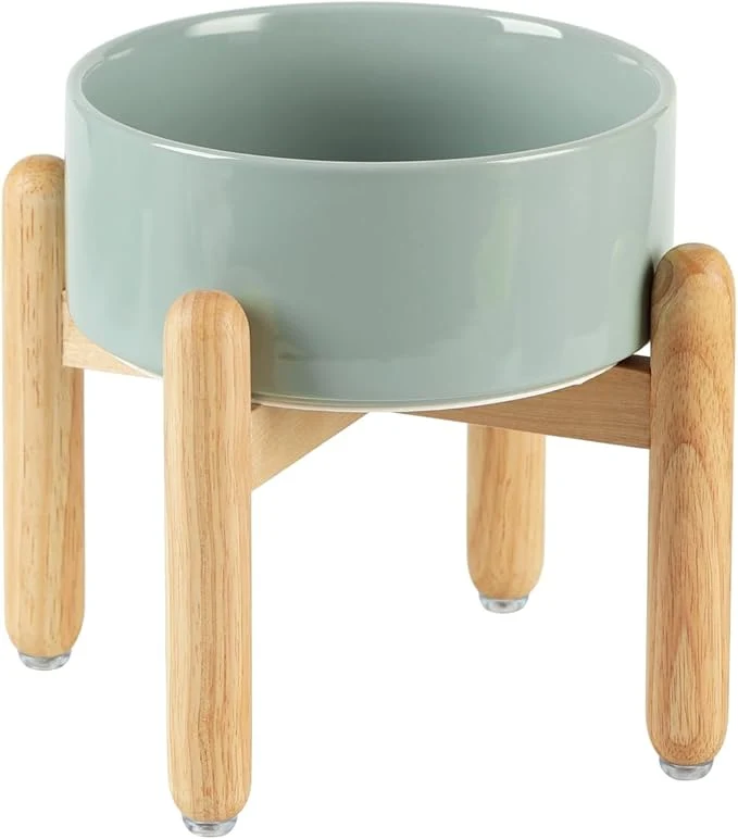 Carefully Designed Ceramic 7.3inch Raised Dog Bowl Set d with Wooden Stand Food and Water Bowl for Medium Breed Dogs Weighted Dog Dishes Pet Feeder Light Green About ThisOverview Refined