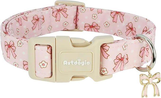 Professional Pink Bow Dog Collar with Flower Adjustable Cotton Puppy Collar Cute Girl Boy Comfortable