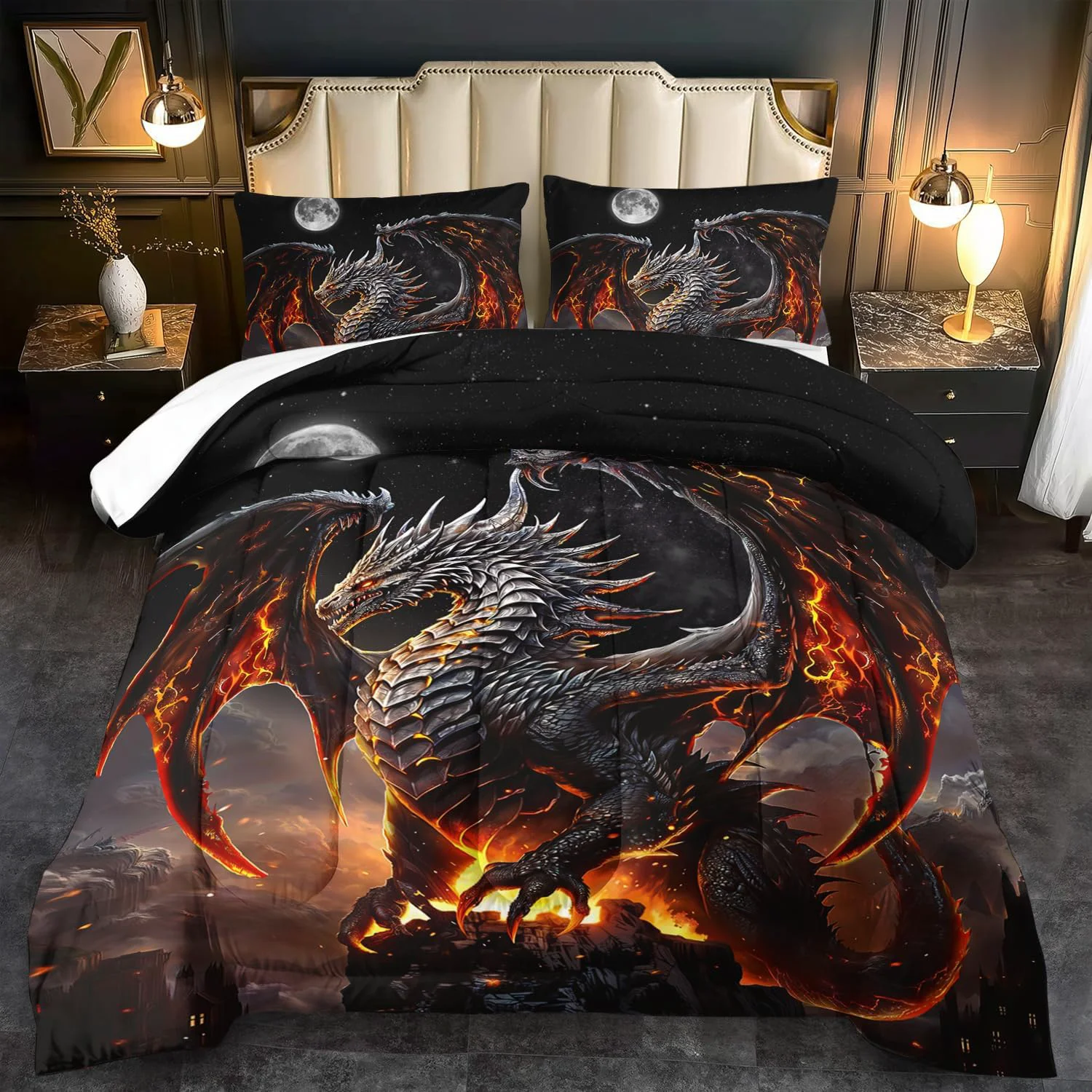 Safe Black Dragon Comforter Set King Adult Flame Dragon Bedding Set for Boys al Beast Bedding Fantasy Animal Comforter Beedroom Decor al Beast Quilt Bed Decor Fast