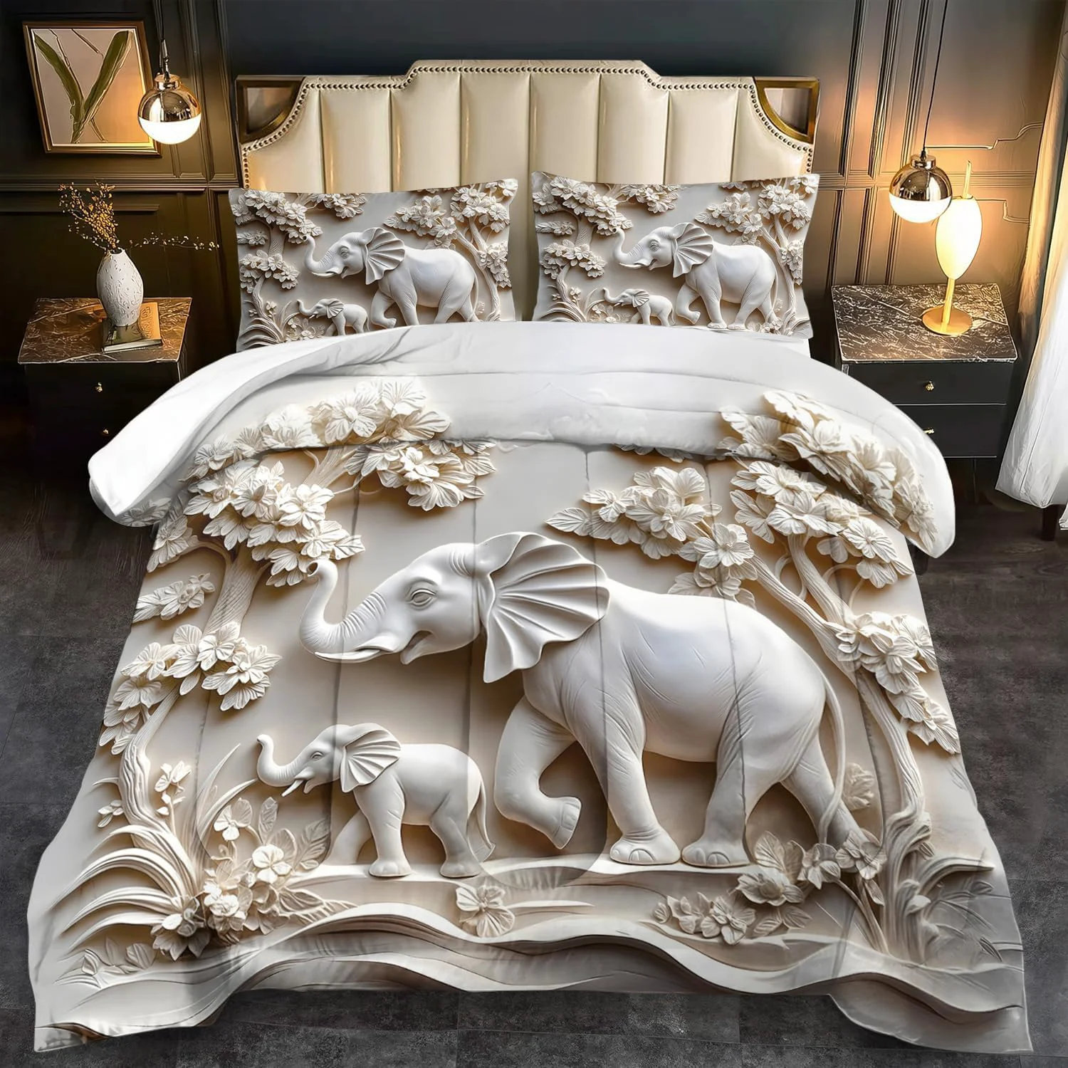 Genuine Elephant Comforter Set Queen Adult White Animal Bedding Set Queen for Man Cute Animal Comforter for Kids Elephant Quilt Pattern White Bedroom Decor Womens Relief Bedding Green