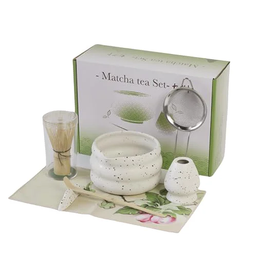 Responsible 7 piece matcha kit includes matcha bowl. white speckled matcha tea set with bamboo whisk 7 Count Stylish
