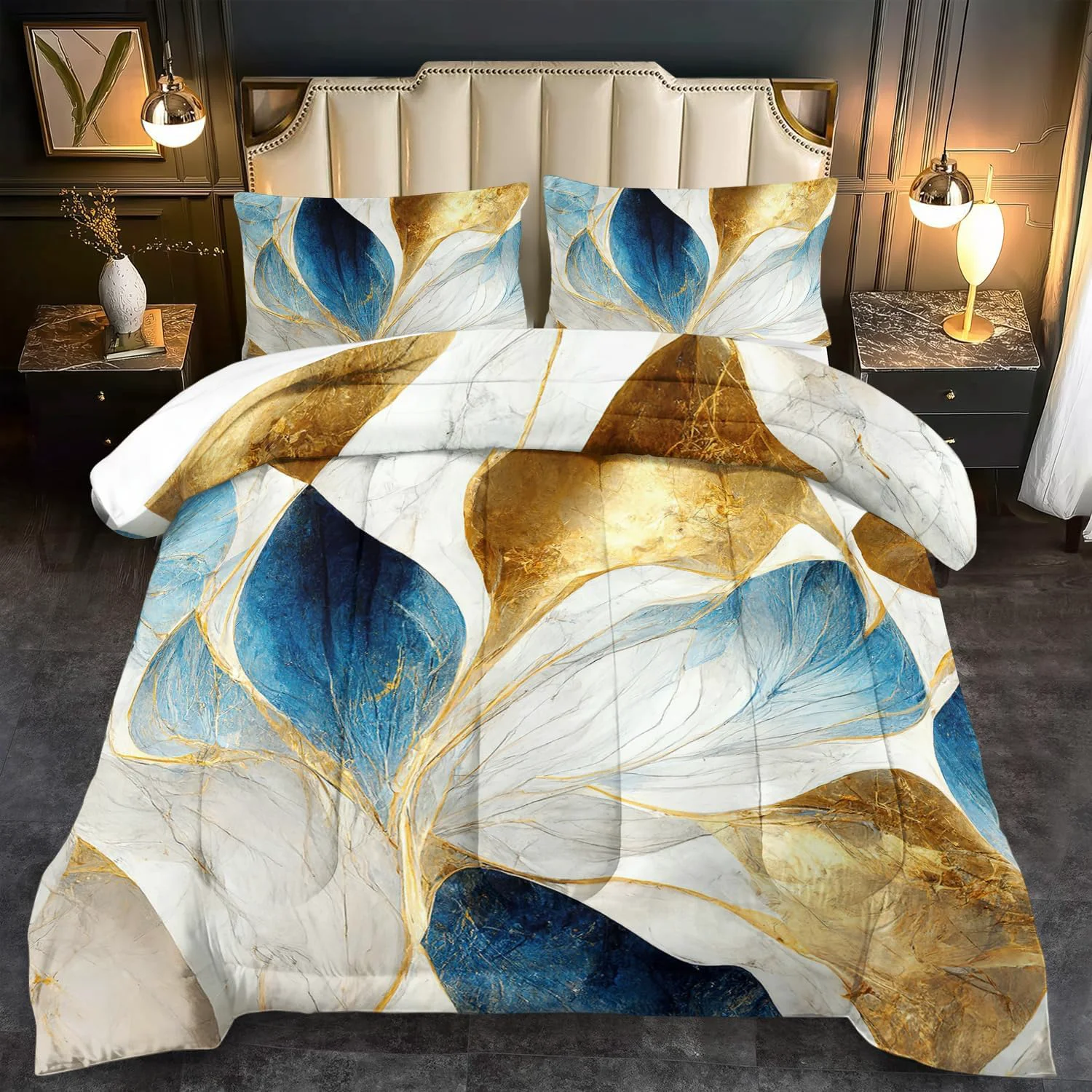 Fine Vintage Floral Comforter Set Full Size Women Marble Flower Bedding Set Full Marble Blue Flower Bed Comforter Blue and Gold Floral Quilt Bedroom Decor for Kids and Adults First-Class