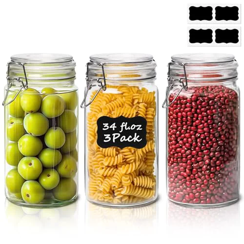 Pure Glass Pantry Jars with Airtight Lids 34 oz 3 Pack Coffee Canisters 3 Count Lightweight