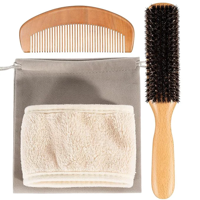 Genuine 4PCS Boar Bristle Hair Brush Comb Set for Women Men Kid Soft Natural Slick Back Hair Brush for Thin Fine Hair Travel Bag Spa Headband Included Exceptional