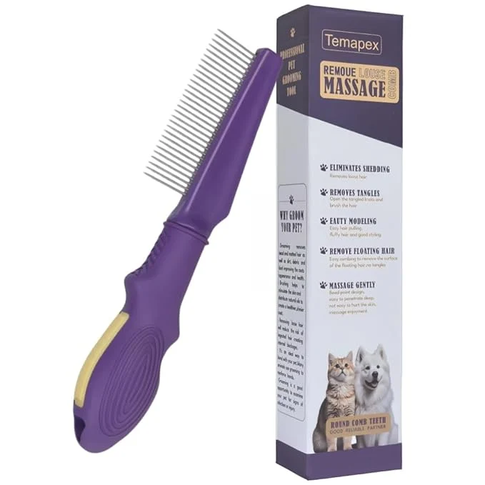 Exceptional Pet Comb for Grooming Long Haired Cats Dogs With Stainless Steel Metal Teeth for Shedding and Tangles Non-slip Anti-static rubber handle Safe Gentle Pet Grooming Comb Traditional