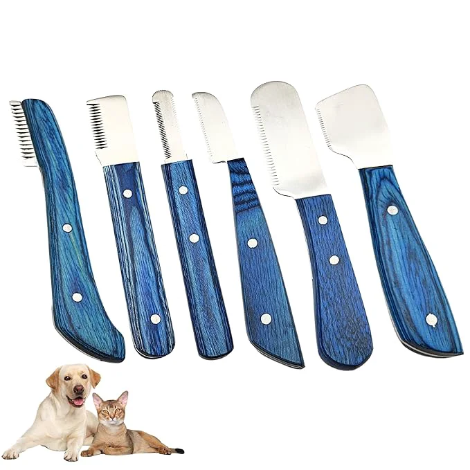 Modern Professional Dog Grooming Stripping Knife Kit – 6-Piece Pet Grooming Tool Set with Stainless Steel Blades Wooden Handles for Undercoat Removal Deshedding Coat Thinning Natural Blue Recyclable